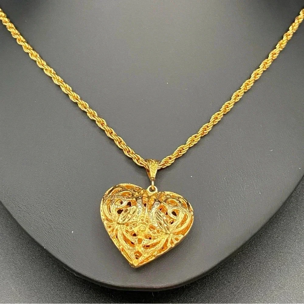 Vintage Puffy Heart Necklace in Gold Tone